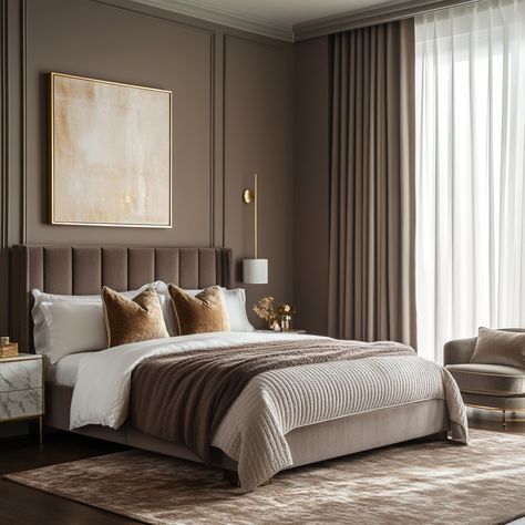 Mocha Mousse Bedroom, Mocha Bedroom Ideas, 2025 Bedroom Trends, Neoclassical Bedroom Design, Mocha Bedroom, Elegant Modern Bedroom, Work Folders, Mocha Mousse, Hyde Park