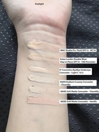 Nars Swatches, Nars Concealer Swatches, Pale Concealer, Foundation For Pale Skin, Estee Lauder Double Wear Foundation, Nars Foundation, Neutral Skin, Nars Concealer, Mac Studio Fix Fluid