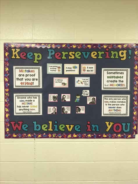 Perseverance and growth mindset bulletin board! Virtue Of The Month Bulletin Board, Perseverance Bulletin Board Ideas, Progress Over Perfection Bulletin Board, Perseverance Bulletin Board, Character Trait Of The Month Bulletin Board, School Counselor Door Decorations, Counselor Door Decorations, Guidance Bulletin Boards, Christian Easter Bulletin Board Ideas