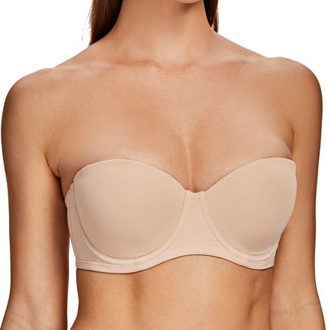 PRICES MAY VARY. 86% Nylon,14% Spandex Hook and Eye closure Wide wings and low back provide a smooth invisible look Featuring non-slip silicone around cups and along the band for a stay-put fit Removable straps let you wear bra traditional, strapless, crossed back, halter or one shoulder style Double knit fabric shapes and smooths bumps and bulges along back and sides Full figure strapless bra with molded cups provide moderate support and natural shape This Strapless Underwire bra features silic Strapless Bra For Large Bust, Best Strapless Bra, Bra Tape, Push Up Strapless Bra, Dr Closet, Comfy Bra, Bra Size Charts, Bra Brands, Bra Types