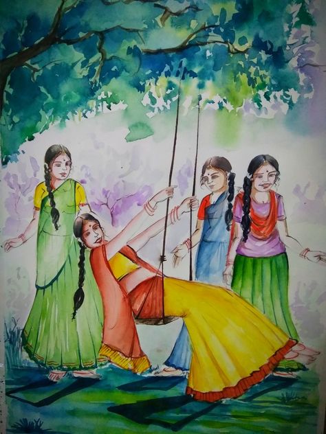 #topic--sawan#watercolour#composition#indian women Composition Painting Watercolour Easy, Human Composition Sketch, Human Composition Drawing Watercolor, Simple Composition Drawing, Composition Painting For Class 12, Picture Composition Painting, Landscape Composition Painting, Human Figure Composition Painting Easy, Scenery With Human Figures