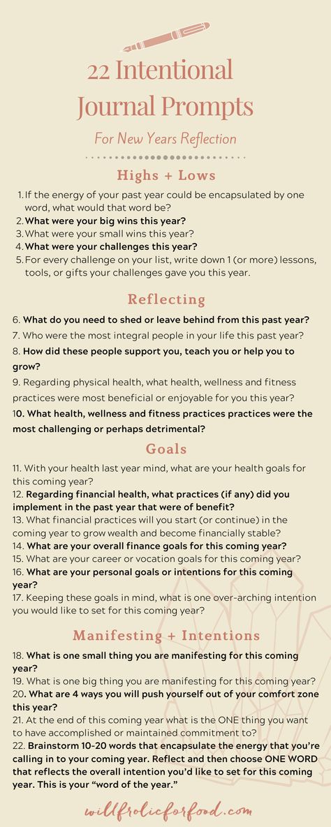 22 intentional journal prompts for New Years reflection via willfrolicforfood.com | new years resolutions, journal prompt, new years journal ideas, how to set intentions, 2020 intentions New Years Prompts Goal Settings, Newyear Journal Ideas, New Year Reflection Journal Prompts, New Year Journalling, Journal Prompts To Reconnect With Yourself, Intentions Journal Ideas, New Year Journal Prompts 2024, New Year Prompts Goal Settings, Intention Journal Ideas