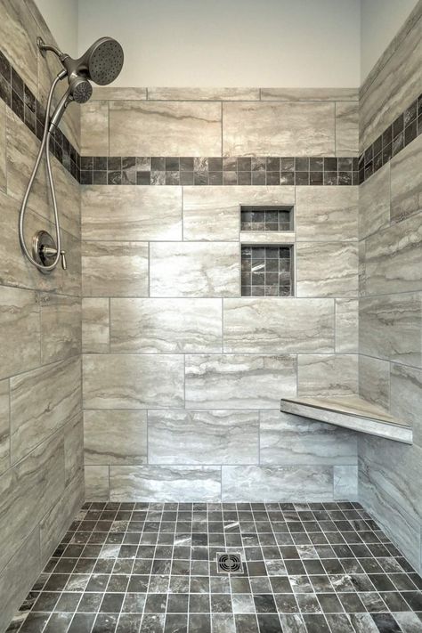 Shower Tile Designs Walk In Master Bath, Bathroom Tile Ideas Rustic, Grey Tile Showers, Walkin Tile Shower Master Bath, Tile Shower Remodel, Tiled Showers Ideas, Zero Entry Shower Ideas Tile, Tile Shower Walk In, 4x4 Walk In Shower Ideas