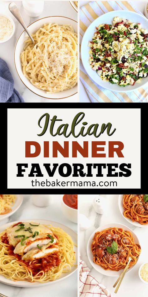 Italian Dinner Favorites From family-friendly takes on the classics, to the labor of love you’re so proud to serve, my Italian Dinner Favorites are sure to make your meal magnifico! Homemade baked meatballs and a simple marinara sauce make this Spaghetti and Meatballs an easy, classic Italian dinner they’ll devour! Italian Main Dish Recipes, Italian Night Dinner Party, Simple Baked Oatmeal, Italian Sausage Pasta Sauce, Homemade Baked Meatballs, Italian Family Dinner, Carbonara Creamy, Dinner Ideas Steak, One Pot Chicken Pasta