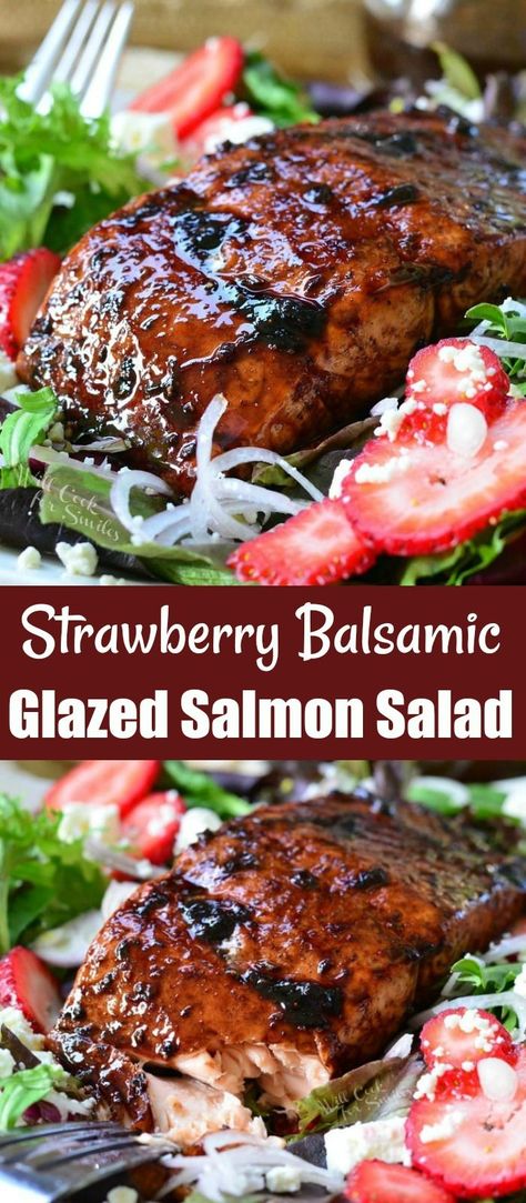 Balsamic Glazed Salmon, Balsamic Salmon, Honey Glazed Salmon Recipe, Salad Strawberry, Salad Salmon, Salmon Glaze Recipes, Salmon Salad Recipes, Salad Summer, Strawberry Balsamic