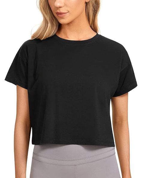 Amazon.com: CRZ YOGA Women's Pima Cotton Workout Short Sleeve Shirts Loose Crop Tops Athletic Gym Shirt Casual Cropped T-Shirt Black Small : Clothing, Shoes & Jewelry Cropped Workout Top, Fitness Shirt, Workout Short, Crz Yoga, Crop Top Designs, Workout Attire, Workout Crop Top, Athleisure Fashion, Cropped Tops