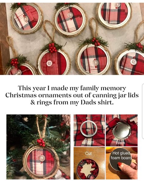 Button Up Shirt Ornament, Christmas Ornaments From Clothes, Old Shirt Christmas Ornament, Memorial Shirt Ornaments Diy, Ornament Out Of Old Shirt, Shirt Memory Ornaments, Memory From Clothes Ideas, Remembrance Christmas Ornaments Diy, Ornaments Out Of Loved Ones Clothes