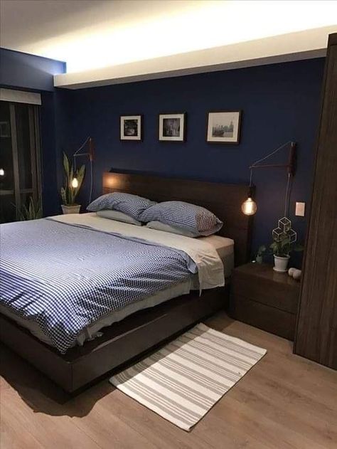 Bedroom Decor For Men Modern, Modern Bedroom Design For Men, Modern Bedroom For Men, Blue Bedroom Walls, Blue Bedroom Design, Small Bedroom Interior, Mens Bedroom Decor, Bedroom Color Combination, Mens Bedroom