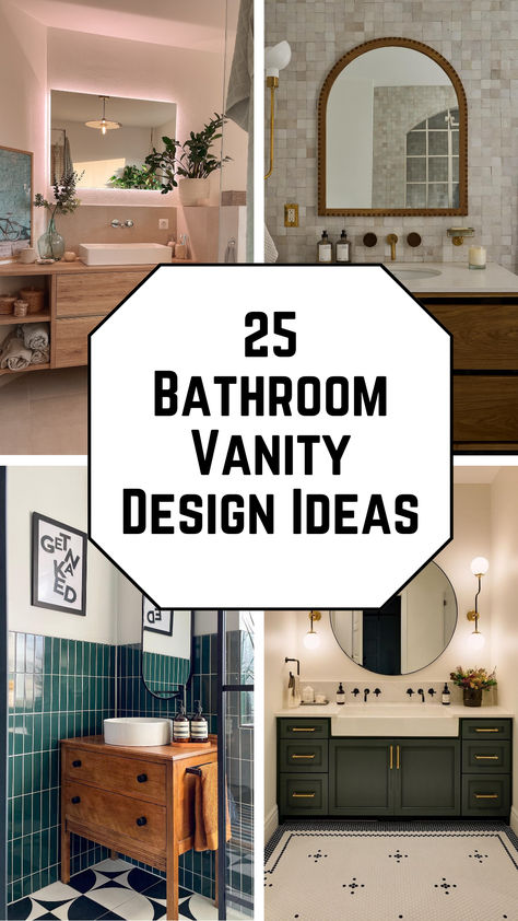 A collage of stylish bathroom vanity design ideas, featuring modern, rustic, and minimalist styles for any home makeover. 48 In Bathroom Vanity Ideas, Pink Vanity Bathroom Ideas, Bathroom With Soffit Above Vanity, Spa Like Bathroom Vanity, 32 In Bathroom Vanity, Bathroom Vanity Tile Wall, Costco Vanity Bathroom, Off Center Sink Vanity, Bathroom Vanity Ideas White