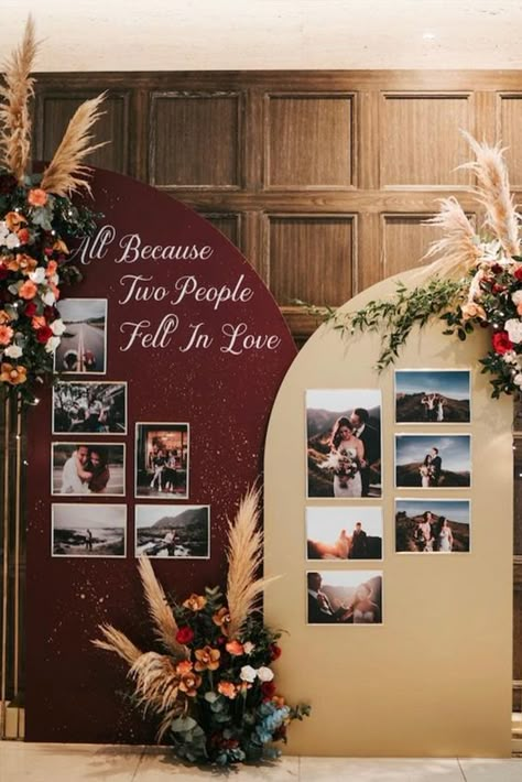 19 Creative Way to Display Photos at Your Wedding Wedding Photo Theme Ideas, Photo Wall Collage Wedding Decor, Bride And Groom Photo Display At Wedding, Reception Picture Display, Photo Decoration Wedding, Wedding Wall Display, Picture Display For Birthday Party, Diy Photo Display Wedding, Wedding Photo Stand