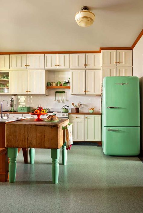 The kitchen was built around the butcher-block on legs, an old family piece. The easy-to-clean Marmoleum sheet flooring ties it to the mint-green, 1950s-style Northstar refrigerator by Elmira Stove Works. Marmoleum Floors, Green Flooring, Interior Painting, Vintage Floor, Craftsmen Homes, Interior Paint Colors, Interior Modern, Trendy Kitchen, Painting Kitchen Cabinets