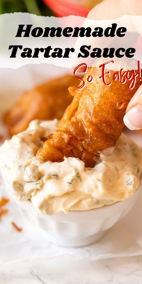 This super easy Tartar Sauce Recipe is thick and creamy and the perfect condiment for fried fish and chips, clam strips, oysters and more! Fried Fish And Chips, Best Tartar Sauce, Best Tartar Sauce Recipe, Make Tartar Sauce, Easy Tartar Sauce, Tartar Sauce Recipe, Fish Batter Recipe, Bolognese Sauce Recipe, Smashed Potatoes Recipe