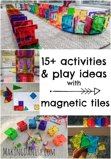 15+ fun and alternative activities and play ideas with magnetic tiles. Learn while having fun. Puzzle, sorting, math, spelling - you can do it all with magnetic tiles like magna-tiles #magnets #magnetictiles #magnatiles #playideas #indooractivities #construction #pegdolls #montessori #playbased #freelearning #playandlearn #stem #building #creativeplay #openendedplay #openendedtoy #list #makingdanish #sorting #puzzle #matching #toddler #preschooler #kindergartner #schoolchildren #colour Stem Building, Magna Tiles, Magnetic Tiles, Toddler Play, Toddler Learning Activities, Play Ideas, Building For Kids, Toddler Fun, Tile Ideas