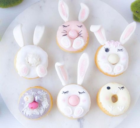 Bunny donuts Bunny Donut, Donut Decorating Ideas, Fancy Donuts, Easter Party Food, Cute Donuts, Easter Baking, Bunny Birthday, Delicious Donuts, Easter Cupcakes