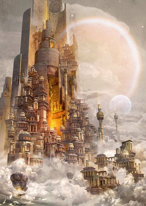 Te Hu - Tower of Babylon Babylon Art, Tower Of Babylon, City In The Sky, Tower Of Babel, Fantasy City, Fantasy Castle, Fantasy Setting, Fantasy Places, Fantasy Art Landscapes