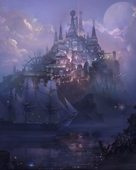 Castles By The Sea, Cyberpunk Castle, Fantasy Kingdom Art, Magical Castle Fantasy Fairytale, Galaxy Castle, Celestial Castle, Fantasy Castle Art, Pirate Castle, Ocean Castle