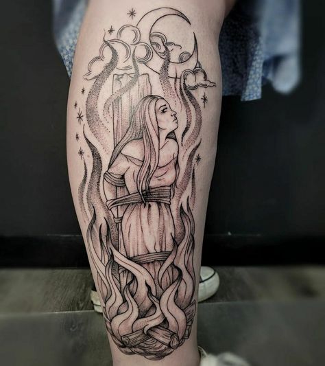 Witch At Stake Tattoo, Witch Trials Tattoo, Salem Witch Tattoo, Salem Tattoo Ideas, Burning Witch Tattoo, Salem Witch Trails, Arm Tats, Scary Witch, Bone Tattoos