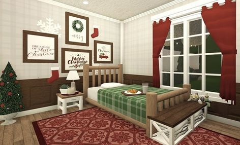 Bloxburg Christmas Interior Ideas, Bloxburg Xmas Bedroom, Christmas Room Bloxburg, Bloxburg House Ideas Interior Christmas, Christmas Bloxburg Bedroom, Small Christmas House Bloxburg, Christmas Bloxburg Room Ideas, Christmas Cottage Bloxburg, Christmas House Interior Bloxburg