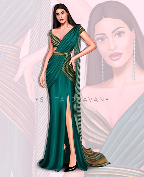 SMITA CHAVAN ILLUSTRATIONS on Instagram: “Another one from @amitaggarwalofficial . . This beautiful Outfit from ‘SUPERNOVA’ couture collection. . . . #fashion #designer…” Indian Wedding Outfits Drawing, Sequence Fashion Illustration, Indowestern Dress Illustration, Fusion Wear Illustration, Fashion Illustration Indian Wear, Saree Illustration Fashion Sketch, Fashion Illustration Sketches Dresses Design Inspirational, Saree Sketches Fashion Illustration, Indo Western Illustration