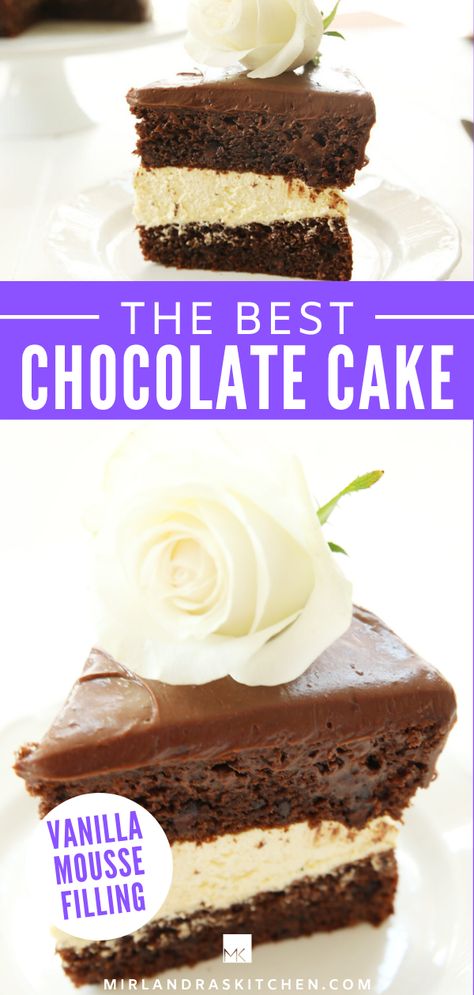 My taste testers told me this was the best chocolate cake they had ever had!  And when I told them I had started with a cake mix they were blown away - none of them knew a cake mix could taste homemade! My simple hacks, easy vanilla mousse cake filling (like Costco cake filling) and ganache riff on top will make you one heck of a chocolate cake! #chocolate #cake #baking #cakemix #costco Chocolate Cake With Vanilla Pudding, Costco Cake Filling, Vanilla Mouse, Costco Chocolate Cake, Mousse Cake Filling, Chocolate Filling For Cake, Moose Cake, Chocolate Cake Mix Recipes, Costco Cake