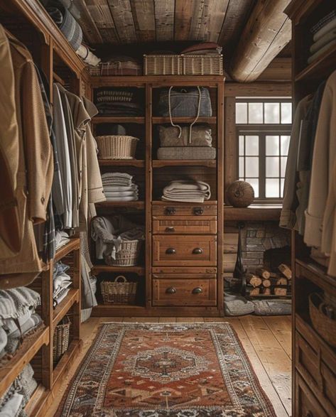 Small Cabin Interiors Cozy Bedroom, Rustic Wooden Interior, Rustic Wardrobe Closet, Cottage Linen Closet, Wooden Lodge Interior, Cottagecore Walk In Closet, Ralph Lauren Cabin Interiors, Cabin Walk In Closet, Vintage Dressing Room Ideas