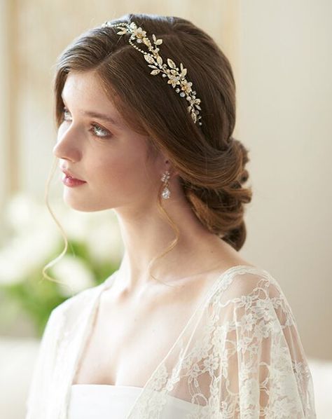 Gold Bridal Headband, Hair Down, Trending Hairstyles, Prom Hairstyles, Wedding Headband, Braided Updo, Bridal Headband, Asymmetrical Design, Bridal Headpieces