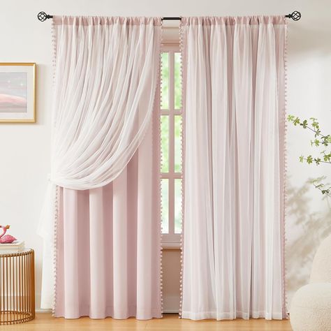 Amazon.com: Natural Pom-Pom Blackout Curtains with Sheer Overlay for Bedroom 84"L Ivory Mix and Match Double Layer Window Panels for Living Room Nursery Kid's Room Drapes with Tiebacks Rod Pocket 52" Wx84 Lx2 : Everything Else White Sheers, Girl Curtains, Pom Pom Curtains, Pink Blackout Curtains, Blackout Curtains Bedroom, Curtain Rings With Clips, Cute Curtains, Romantic Vibes, Layered Curtains