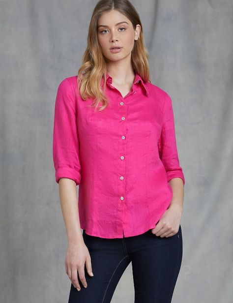 Fuchsia Shirt Outfit, Pink Linen Shirt Outfit, Linen Shirt Outfit, Hawes And Curtis, Ladies Shirts, Shirts And Blouses, Pink Linen, Tailored Shirts, Country Outfits