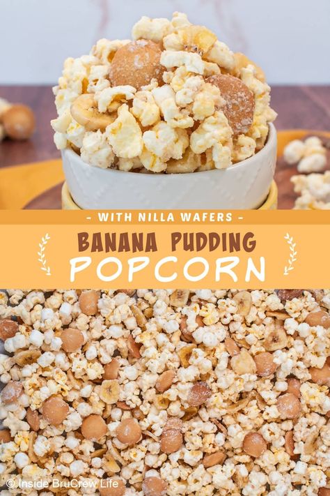 Looking for a new snack mix? Try our Banana Popcorn recipe! This easy-to-make treat is perfect for satisfying your sweet cravings while enjoying a movie night. With its banana pudding flavor and crunchy vanilla cookies, it's a fun no-bake snack that you won't be able to resist. How To Package Popcorn To Sell, Hulless Popcorn Recipes, Best Popcorn Recipe, Popcorn Mix Ins, Recipes With Popcorn, Loaded Popcorn, Popcorn Topping Ideas, Popcorn Party Ideas, Yummy Popcorn Recipes