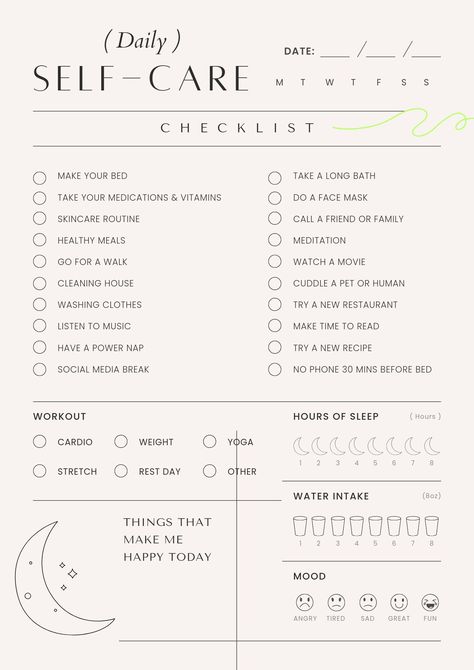 A more detailed version of the Daily Self- Care Routine Printable Checklist. This one is for the besties who want to track asa much as possible to incorporate new daily habits into their lives. This includes a few ideas listed in the center of the page plus water, sleep, workout, and mood trackers, as well as a section at the bottom left corner to write the things of the day that made you the happiest for a little bit of gratitude.