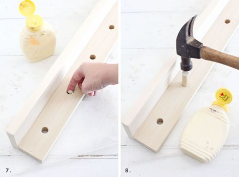 Make your own peg rail- perfect for accessorizing in the kitchen! Peg Rail Shelf, Shaker Peg Rail, Rail Shelf, Ladder Shelf Diy, Peg Rail, Shaker Pegs, Shelf Diy, A Beautiful Mess, Diy And Home Improvement