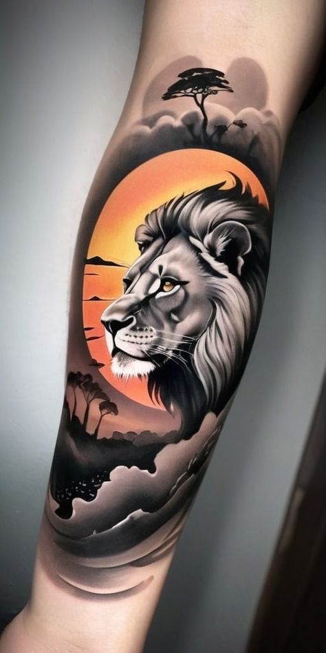 Mythasour Tattoo, Colored Lion Tattoo, Sunset Tattoo Design, Colorful Lion Tattoo, Black Widow Tattoo, Lion Forearm Tattoos, Watercolor Tattoo Ideas, Sunset Tattoo, Tiger Tattoo Sleeve