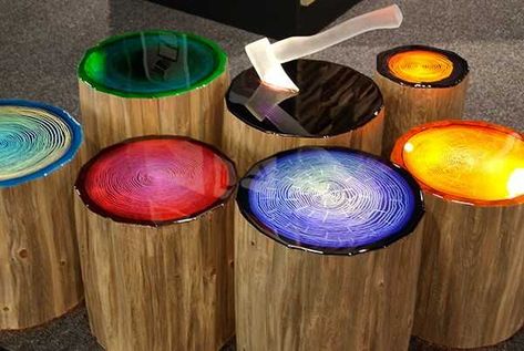 Spectacular Lighting Ideas Add Color to Wood Furniture with Tree Growth Rings Tree Stump Art, Tree Stump Ideas, Glow In Dark Paint, Tree Stump Furniture, Stump Art, Stump Ideas, Painted Trees, Wood Furniture Ideas, Tree Stump Table