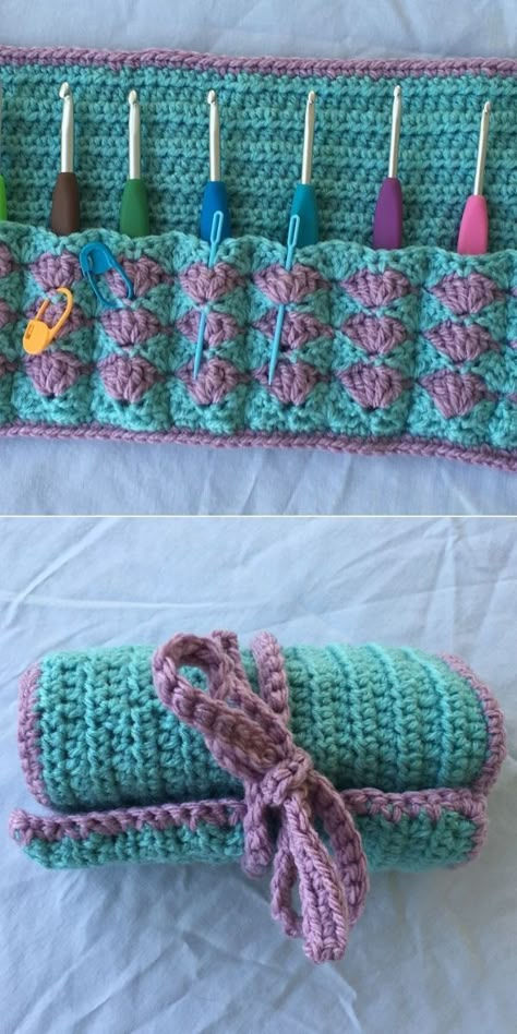 Crochet Hook Organizer Pattern Free, Roll Up Crochet Hook Case Free Pattern, Crochet Tool Organizer, Crocheted Crochet Hook Holder, Crochet Pouch For Hooks, Crochet Holder For Hooks, Crochet Brush Holder, Crochet Hook Pouch Free Pattern, Crochet Hook Holder Free Pattern