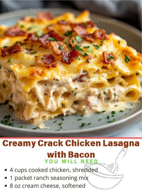 Melissa Recipes | Creamy Crack Chicken Lasagna with Bacon | Facebook Bacon Lasagna, Chicken Lasagna Recipe, Dinner Favorites, Lasagna Recipes, Chicken Salad Recipe Easy, Cooking Meals, Lasagne Recipes, Traditional Lasagna, Chicken Lasagna