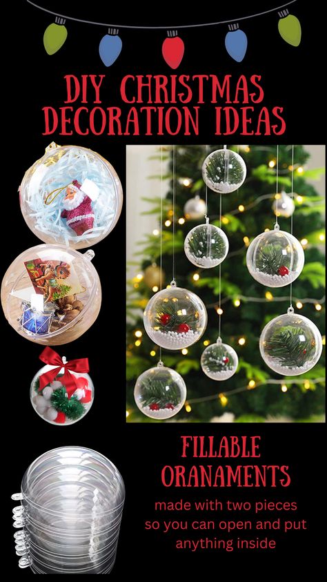 Plastic Fillable Ornament Ideas, Christmas Ornament Crafts Clear Ball, Diy Christmas Ornaments Clear Plastic Balls, Laminated Snowglobe Ornaments Diy, Fillable Ornament Ideas, Diy Ornaments Clear Bulb, Kids Ornament Craft Clear Ball, Diy Ornaments Christmas, Christmas Ornaments Balls