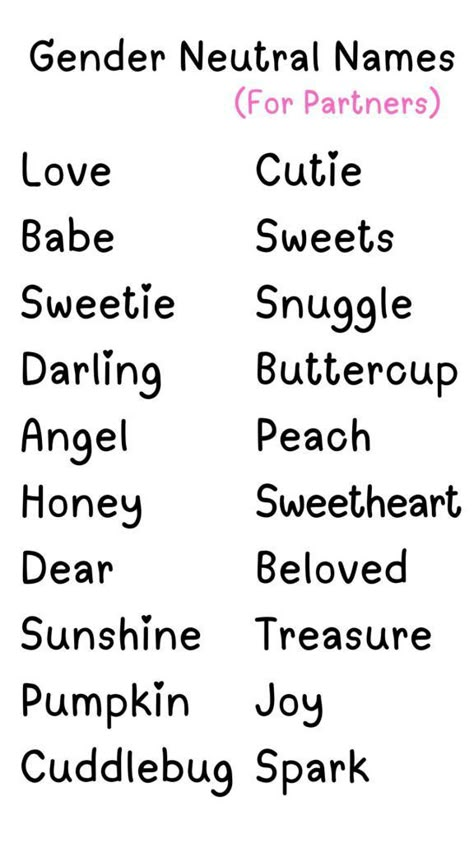 Printable List Of Gender Neutral Names for Partners Cute Nicknames For Partner, Partner Names Ideas, Nicknames For Partner, Gender Neutral Nicknames For Partner, Cute Couple Nicknames List, Pet Names For Partner, Matching Names Couple, Couple Names Ideas, Couple Nicknames