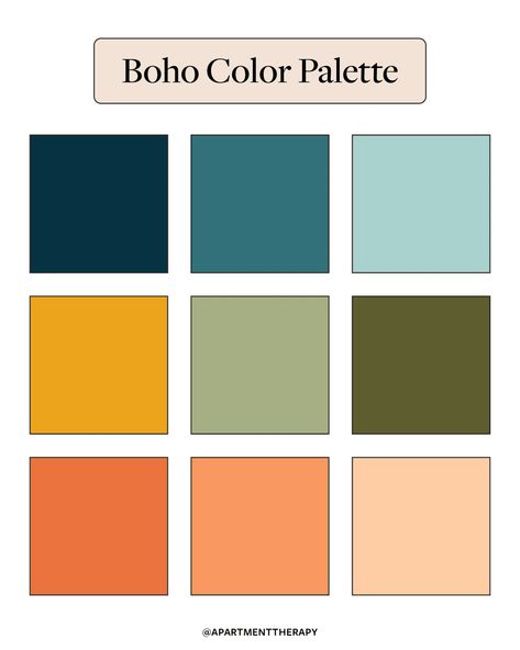 9 swatches for a Boho themed color palette Nail Boho, Maximalist Color Palette, Colorful Boho Kitchen, Bohemian Color Scheme, Bohemian Color Palette, Kitchen Color Palettes, Color Palette Interior Design, Modern Boho Bedroom, Color Palette Living Room