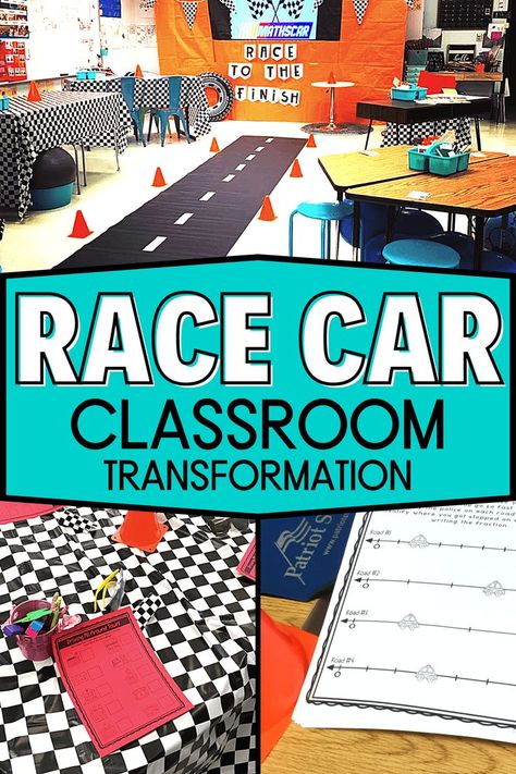 This picture shows a classroom decorated for a race car classroom transformation day and has decorations to go with it. It shows race tracks on the floor with tiny traffic cones around the classroom. It also shows checkered tablecloths on the table. Race Car Classroom Transformation, Fun Classroom Theme Days, 3rd Grade Room Transformation, Race Theme Classroom, Class Transformation Ideas, Racing Theme Classroom, Race Car School Theme, Race Car Classroom Theme, Car Classroom Theme