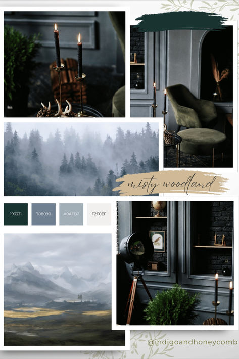 Step into the tranquility of a misty forest with this serene palette, featuring Forest Veil alongside Soft Slate Gray, Misty Blue, and Off-White. Inspired by the peaceful ambiance of fog-covered woodlands, this palette brings a calming and natural vibe to any space. Forest Veil grounds the palette with its deep green, while cool grays and blues add a soft, ethereal quality. 🌲✨ #MistyWoodland #ForestVeil #NatureInspired #ScandiDecor #IndigoandHoneycomb Forest Veil, Nail Suite, Space Forest, Scandi Decor, Paint Color Schemes, Color Lab, Misty Forest, Green Colour Palette, Style Dark