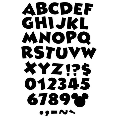 Eureka® Mickey Mouse® Throwback Black Deco Letters, 216 Characters Per Pack, 3 Packs | Try Eureka Reusable Punch Out Letters. Printed on coated paper with brilliant rich color, they are perfect for creating personalized projects in displays. Each punch-out, reusable letter measures 4", printed on long-lasting coated paper. Each pack includes 216 characters. Sold as 3 packs for a total of 648 characters. Mickey Mouse Font, Mickey Mouse Letters, Disney Letters, Christmas Fonts Free, Disney Alphabet, Holiday Fonts, Halloween Fonts, Lettering Alphabet Fonts, Christmas Fonts