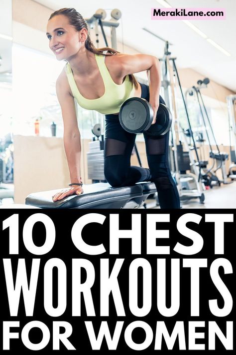 10 Chest Workouts for Women At Home | If you're looking for workouts that target your back and chest while also working your tricep and bicep muscles, this post is a great resource. You'll need dumbbells for most of these workouts for women, but we've included exercises you can do with resistance bands or no equipment at all. Add these chest exercises to your weekly workout routine to reduce back fat and tighten and tone your upper body for an amazing before and after transformation! Chest Workout Women Gym Machines, Pectoral Exercises For Women, Chest Workout Women Gym, Chest And Bicep Workout, Pectoral Exercises, Workouts For Women At Home, 15 Minute Morning Yoga, Weekly Workout Routine, Rid Belly Fat