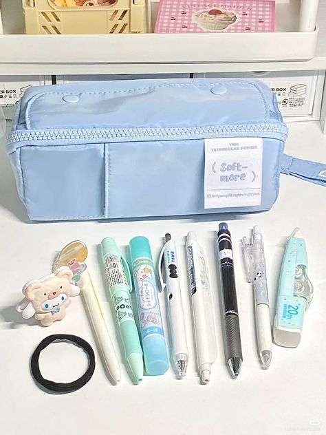 #Blue #White #Sanrio #Cinnamoroll #Stationary #School Supplies #Pens #Cute pens #Erasers #Blue pens Cinnamoroll Stationary, Pencil Case Aesthetic, Stationary School Supplies, Pens Cute, Kawaii Stationary, High School Organization, School Pencil Case, Stationary Supplies, Study Stationery