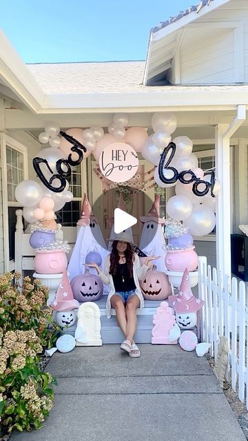 Trish 💕 Beautiful Lifestyle Blogger on Instagram: "My newly revised front porch decor!!! 🎉🎀 👻 I updated it a little bit! I’m absolutely loving it! I used my @minnidip inflatable balloon garland!!! How cute did this revised front porch decor turn out??? Eeeekkkk I think it turned out even better!!! And I can’t wait to show you what it looks like at night!!! 🎀👻💕 Comment “shop” for links!!! The inflatable balloons are from @minnidip 🎉💕 
.
.
Newly revised front porch decor!!! Pink Halloween 🎃 

Comment SHOP below to receive a DM with the link to shop this post on my LTK ⬇ https://liketk.it/4T7eE #ltkhome #ltkseasonal #ltkhalloween
.
#halloween #halloweendecor #pinkoween #pinkhalloween #pink #pastels #pastel #halloweendecoration #halloweendecorations #halloweendiy #halloweenvibes #oct Pinkoween Decor, Halloween Balloon, Beautiful Lifestyle, Halloween Balloons, Front Porch Decor, Pink Halloween, Porch Decor, Balloon Garland, Halloween Diy