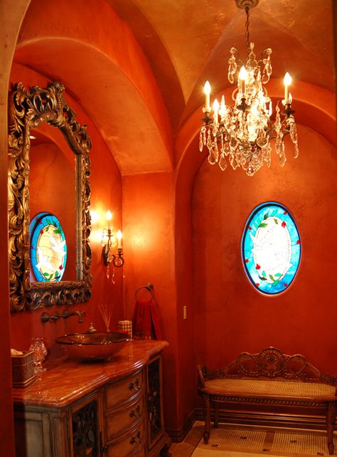 Orange room Spanish Style Homes Interior Decor, Spanish Style Home Interior, Spanish Bathroom, Spanish Style Decor, Orange Rooms, Room Wall Colors, Orange Bathrooms, House Aesthetic, Mexican Home