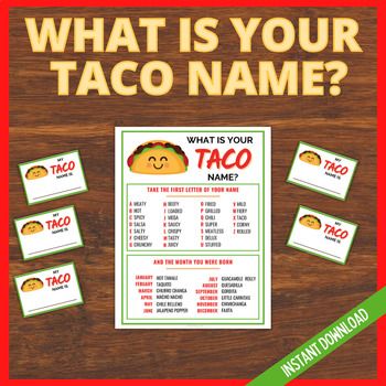 Find our what your Taco Name is with this fun game.  Perfect game to play at your Cinco de Mayo party, and will bring some fun and laughter.Print and place the 8 x 10 file in a frame for all your guests to see, then print out and cut the name tags up and give each name card to each guest.Then get them to follow the instructions to find out what their Taco Name Name is. Great to play at your Fiesta, Classroom party, Birthday Party or family event. Everyone will have a laugh and love to find out what their taco name is.INCLUDED;I ZIP File containing;1 x US Letter size 8.5" x 11" Sign1 x US Letter size Sheet of Name Cards - with 10 name tags each 3 "x 2"1 X 8" X 10" SignHOW THIS WORKSPurchase this listingOnce payment has been made and confirmed, your files are sent directly to you from TpT.Yo Fiesta Games, Taco Bar Party, Game Birthday Party, Name Game, Taco Party, Name Games, 5 De Mayo, Taco Bar, Printable Game