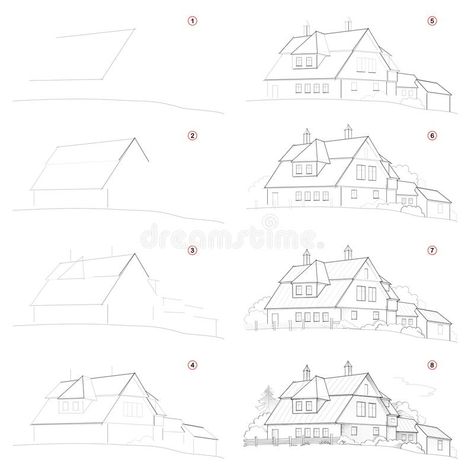 How create step by step pencil drawing. Page shows how to learn successively draw cute country house. Print for artists school textbook. Developing skills for stock illustration Trin For Trin Tegning, How To Draw Stairs, Step By Step Sketches, Basic Sketching, Architecture Drawing Sketchbooks, House Village, Perspective Drawing Architecture, Architecture Drawing Plan, Perspective Drawing Lessons