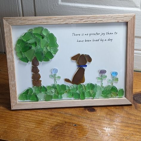 Seaglass Dog Art, Sea Glass Art With Dogs, Dog Sea Glass Art, Seaglass Animals, Framed Shells, Seaglass Art Ideas, Dog Flowers, Sea Glass Art Projects, Clear Sea