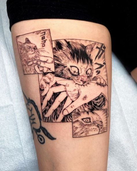 ✨laurelupo✨ on Instagram: "✨CHOMP✨ I’ve been wanting to to some Junji Ito cats for so long! More please! 😼 Back of the thigh is a tough spot but Stefa sat so well for it, thank you! 🖤 Hope everyone has a wonderful Otakuthon weekend, I’ll see you there 🙌" Montreal Tattoo, Funky Tattoos, Manga Tattoo, Wicked Tattoos, Cat Tattoos, Tatuaje A Color, Junji Ito, Funny Tattoos, Aesthetic Tattoo