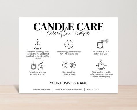 Minimalist Candle Care Card Template, DIY Can Candle Making Business Quotes, Candle Care Card Template Free, Candle Care Instructions Card, Candle Instruction Card, Candle Business Card Ideas, Candle Care Cards, Candle Company Names Ideas, Instructions Card Design, Candle Names Unique